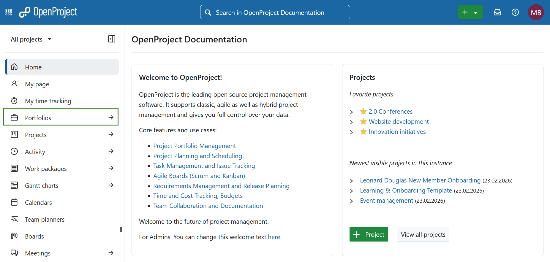 Select the portfolios module from the left hand menu in OpenProject