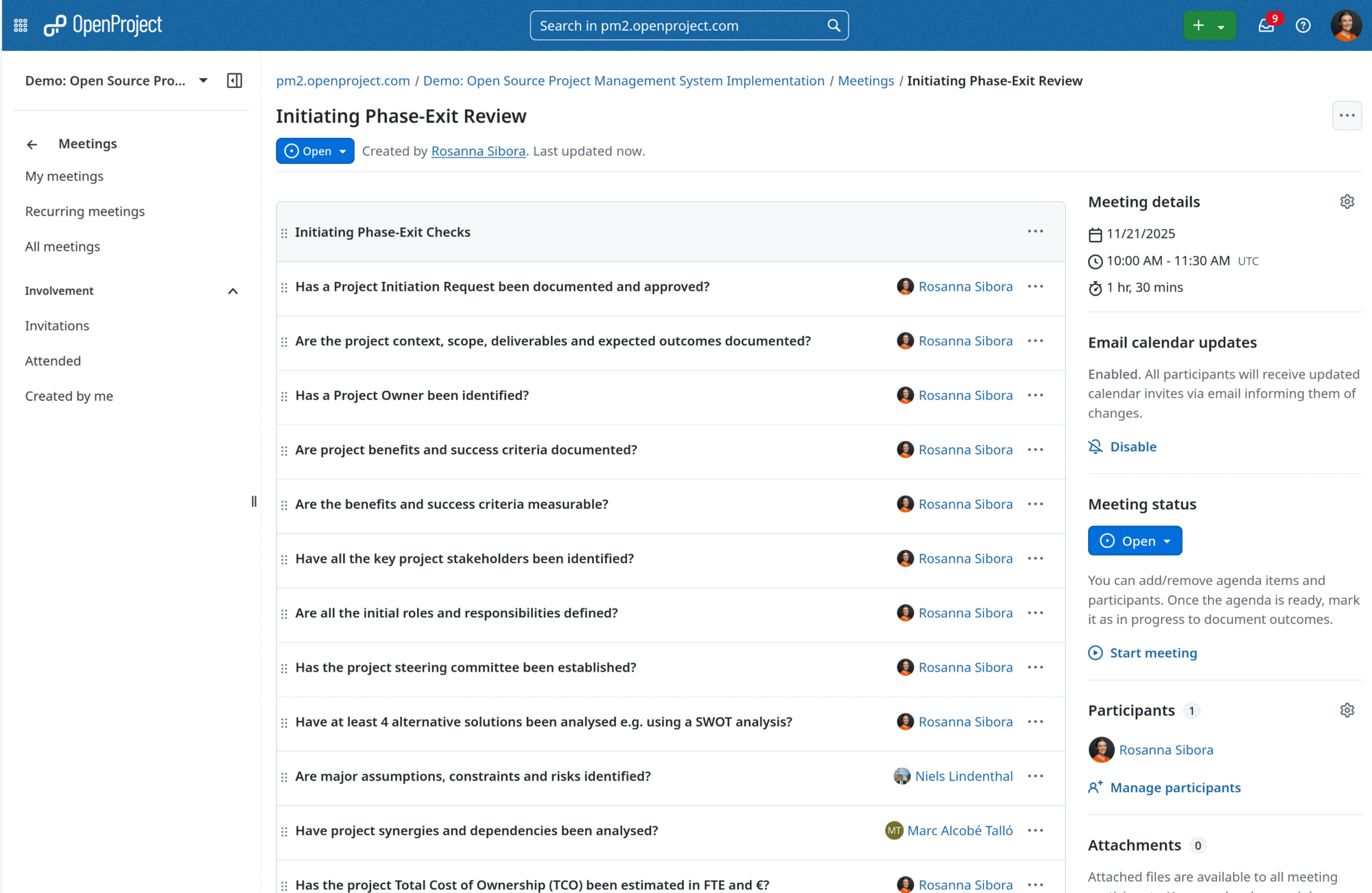 Initiating phase-exit checklist in the meeting module in OpenProject
