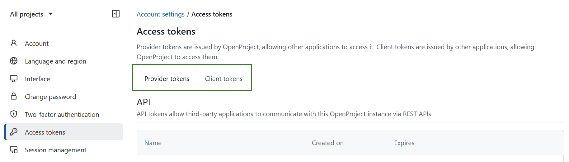 Access tokens overview in OpenProject account settings