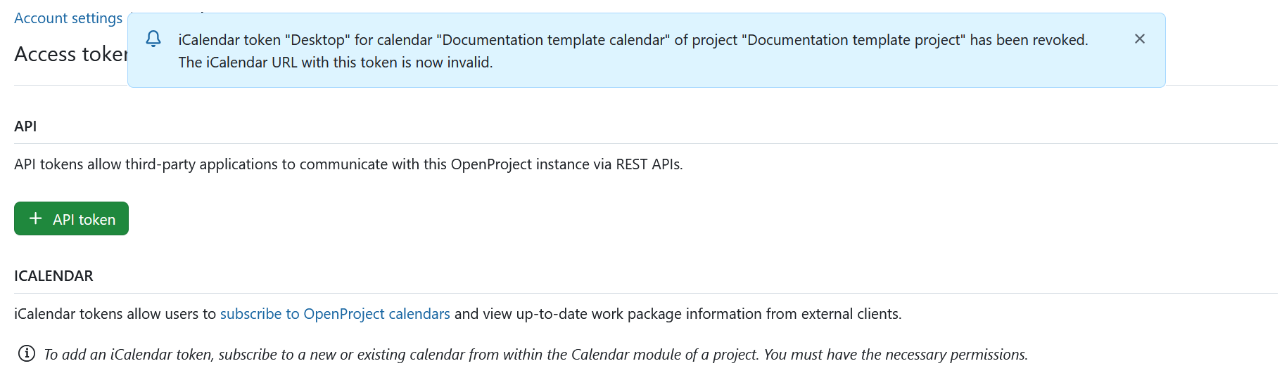 El token de acceso al calendario de OpenProject no es válido