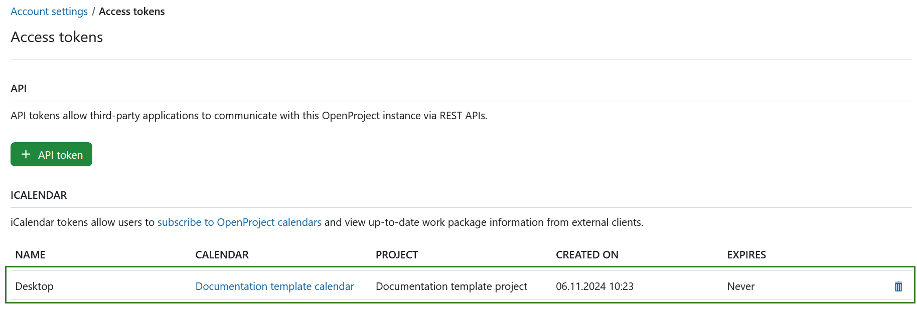 Liste du calendrier OpenProject sous paramètres du compte