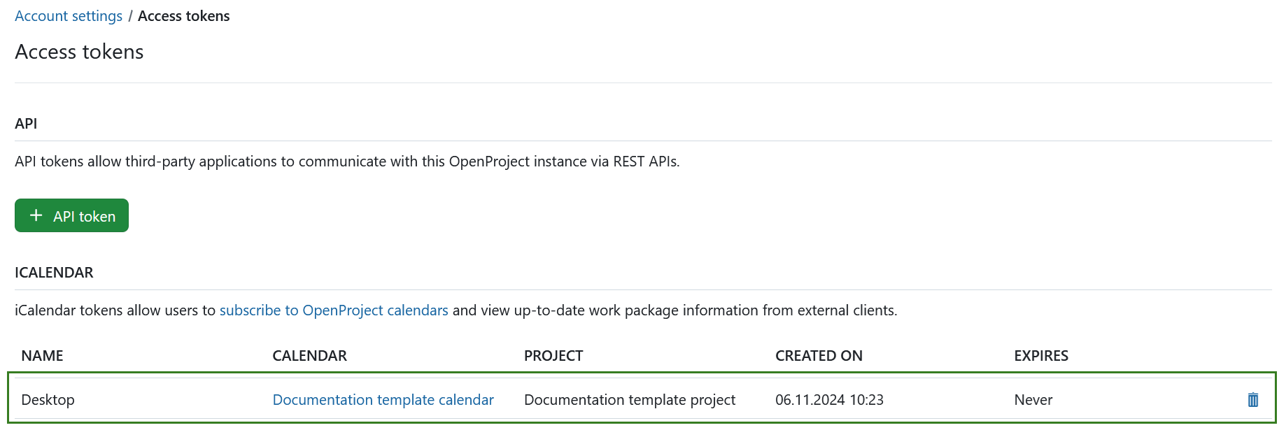 OpenProject calendar list under account settings