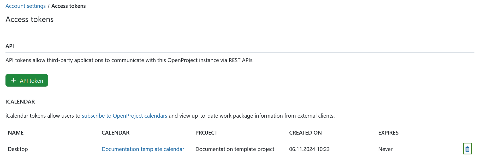 OpenProject delete calendar under account settings