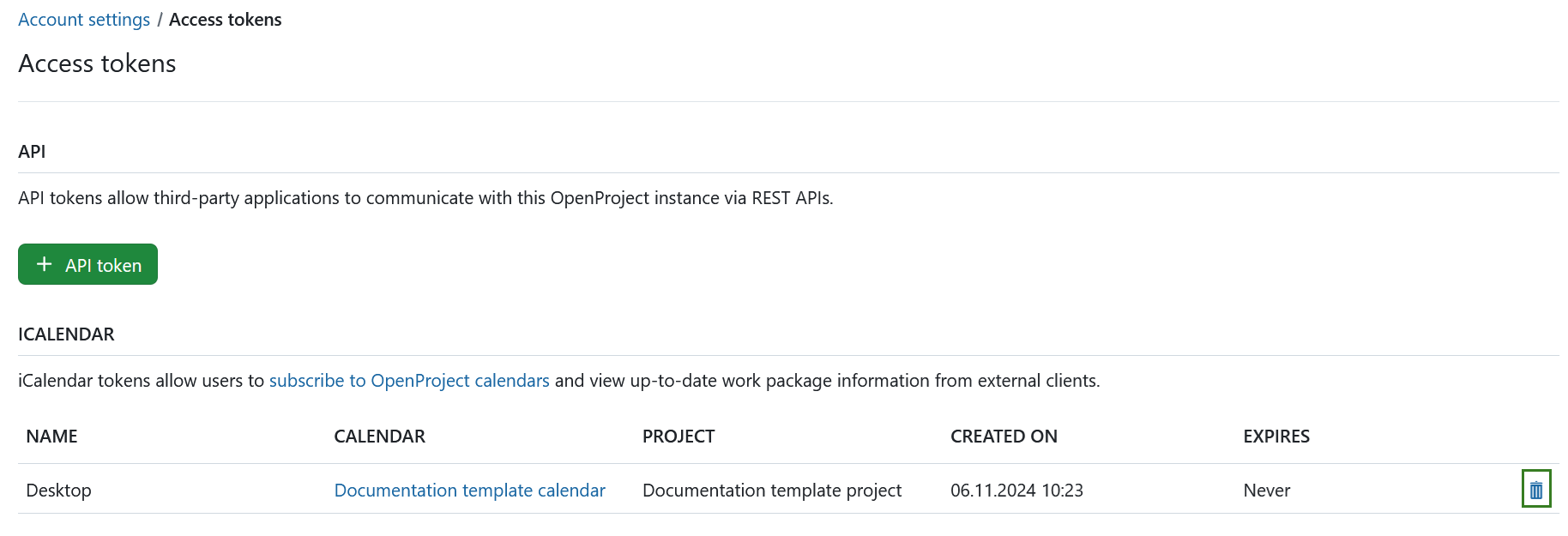 OpenProject Kalender in den Kontoeinstellungen löschen