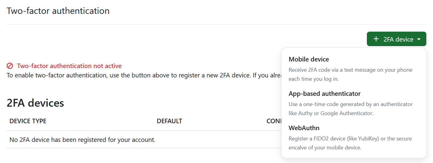 Authentication options under OpenProject account settings