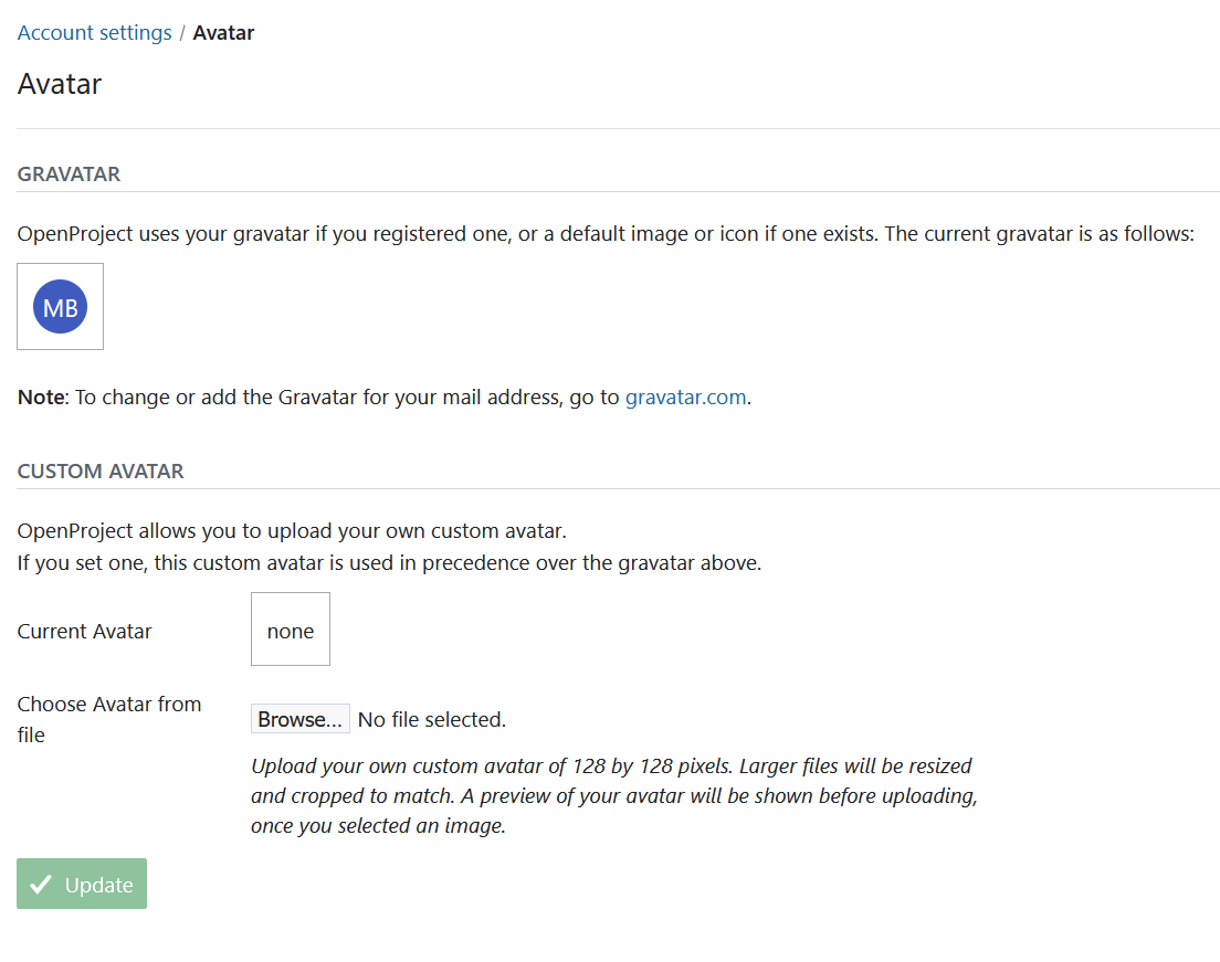 Set avatar in OpenProject account settings