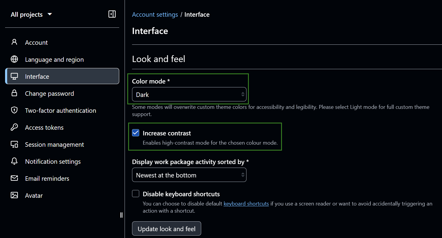 Dark mode in OpenProject account settings