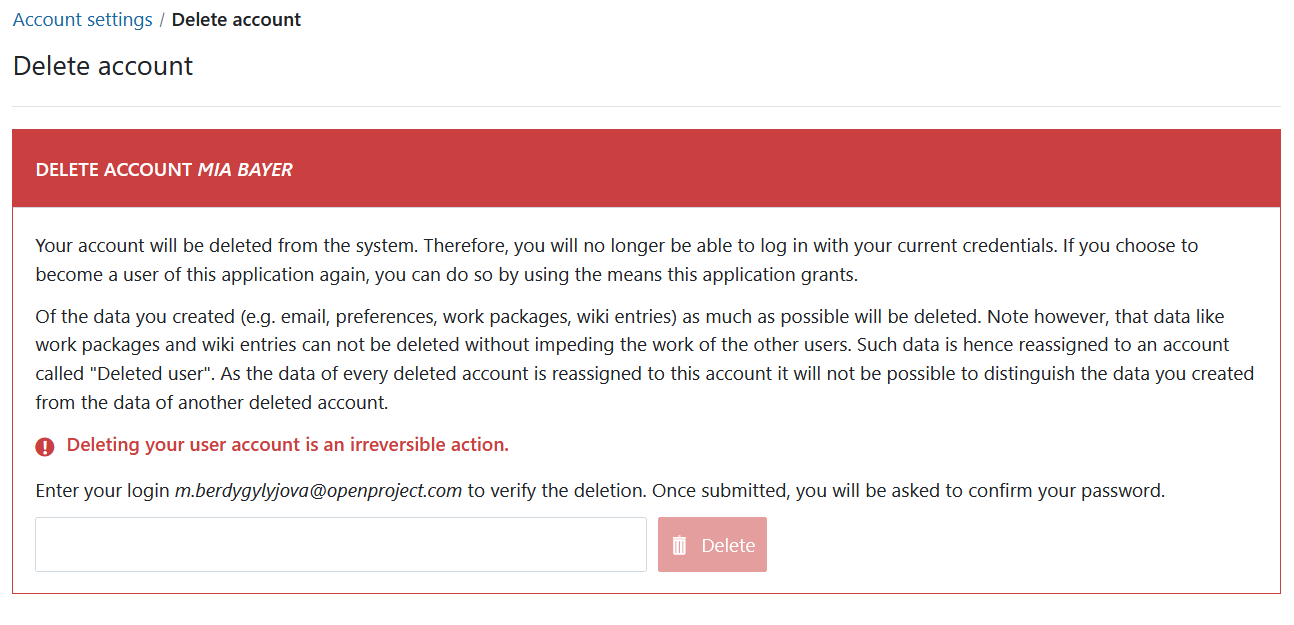 Eliminar cuenta en los ajustes de la cuenta de OpenProject