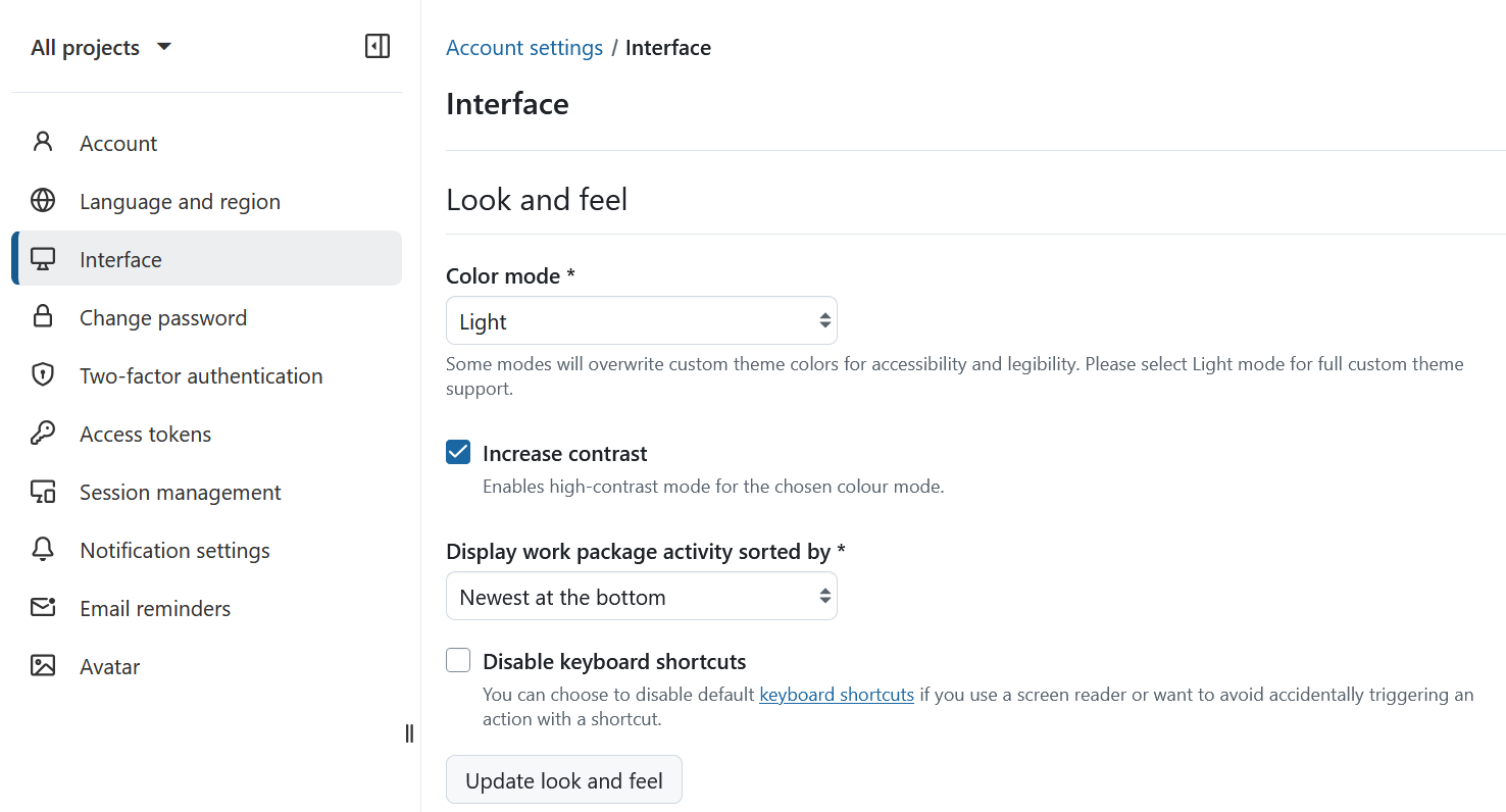 “Look and feel” section under Interface settings in OpenProject account settings