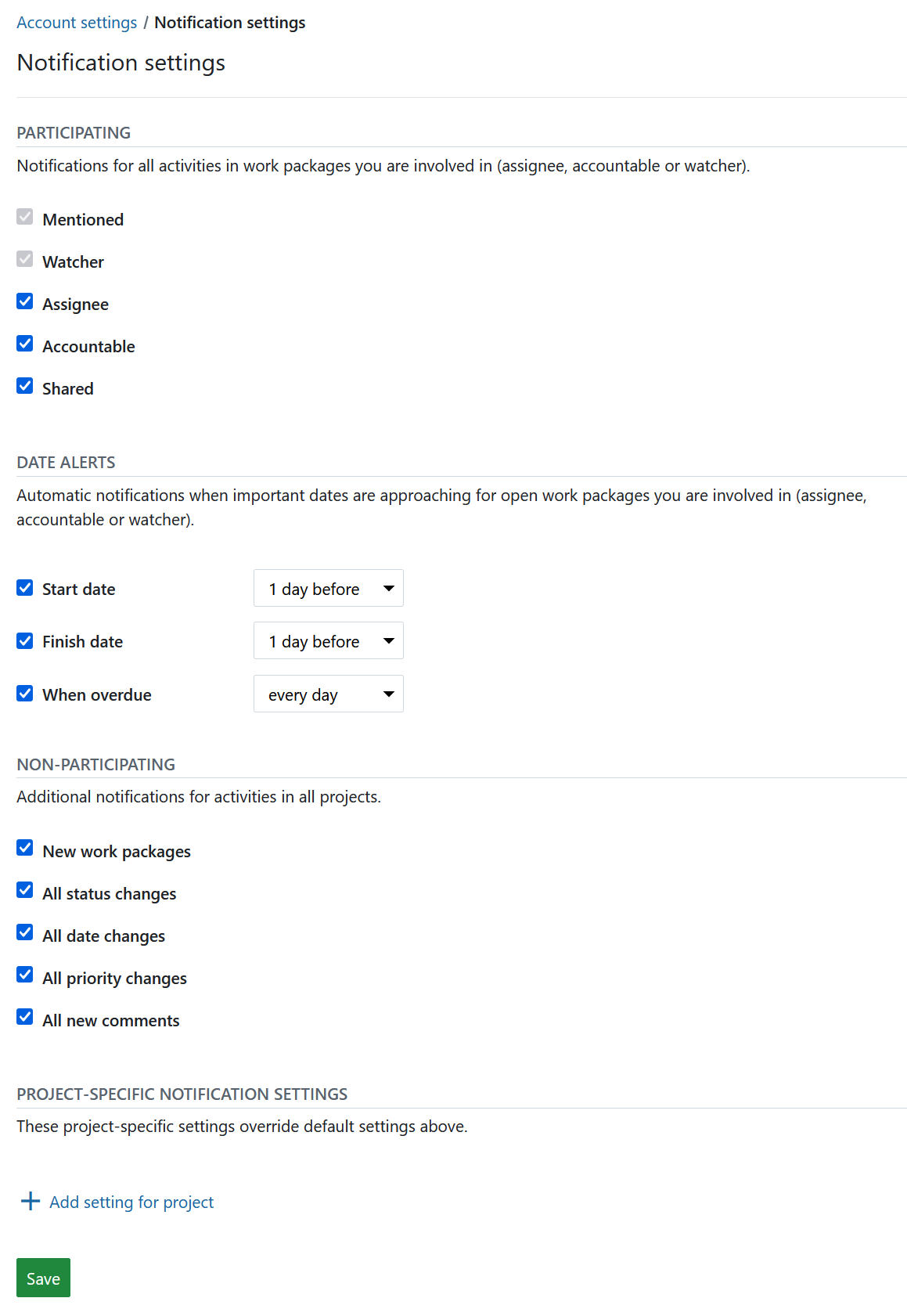 Paramètres de notification dans les paramètres du compte OpenProject