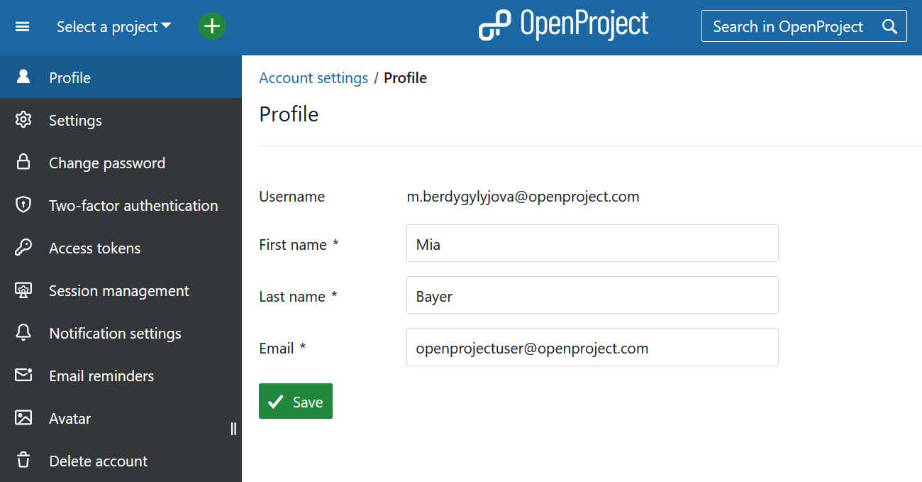 Profile settings in OpenProject