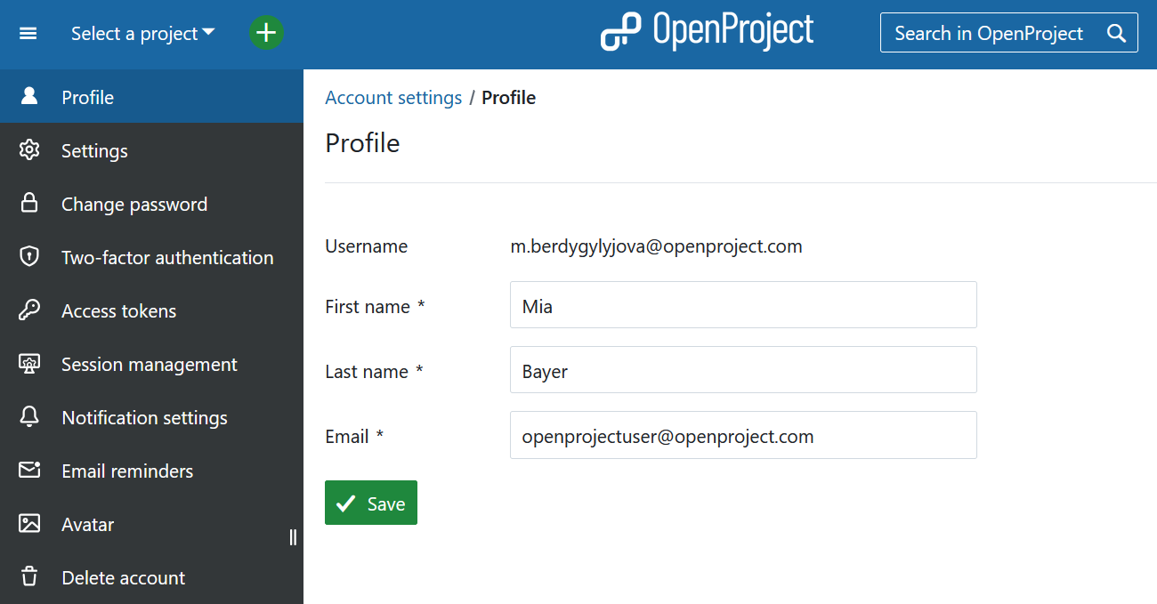 Paramètres du profil dans OpenProject