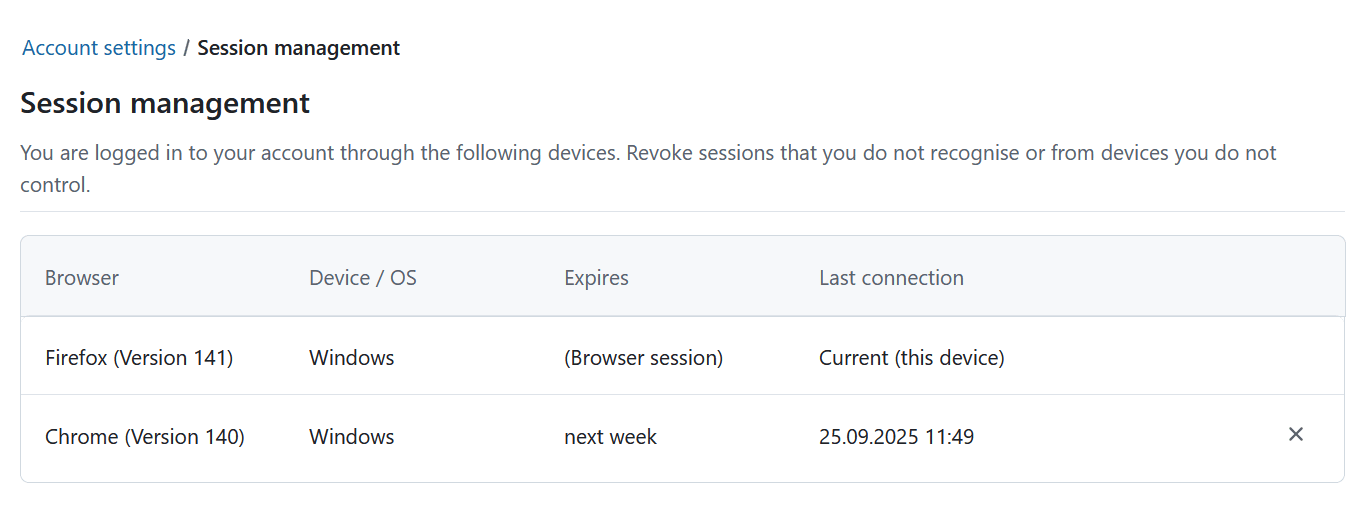 Sessions management in OpenProject account settings