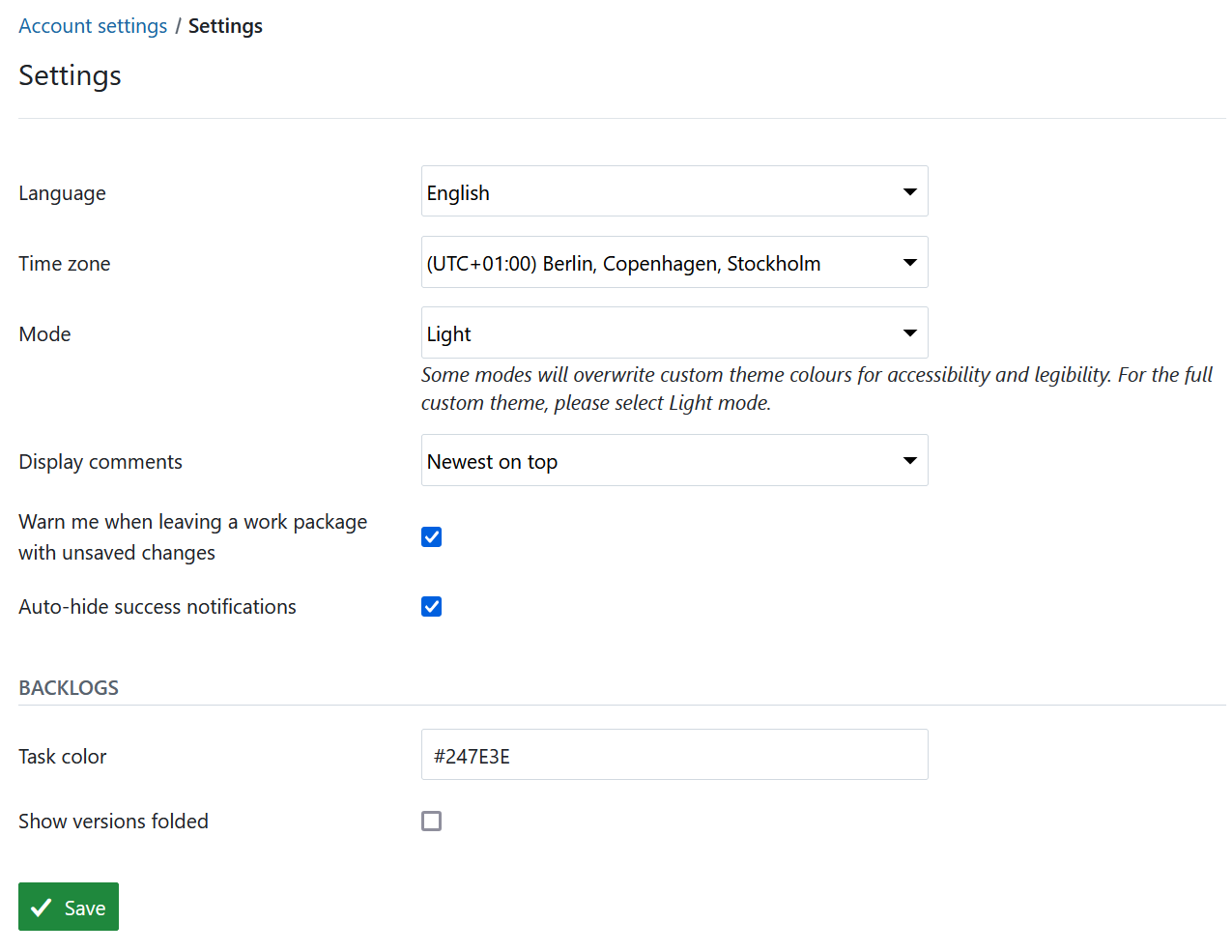 OpenProject personal account settings