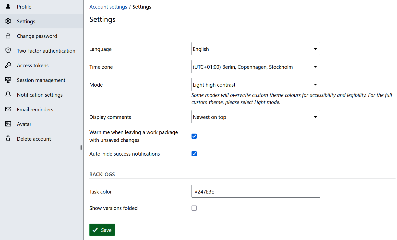 High contrast mode in OpenProject account settings