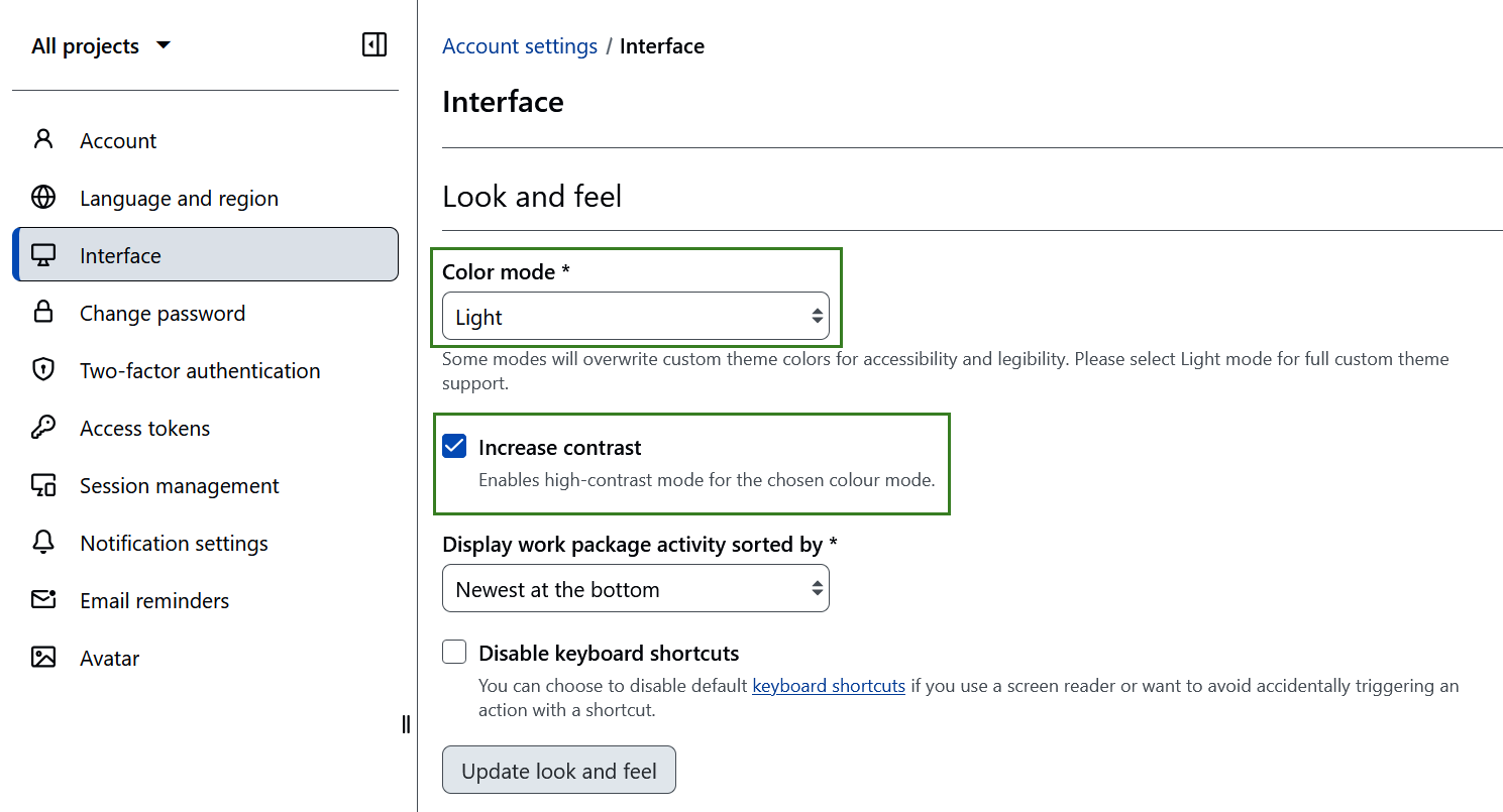 Light mode with increased contrast selected in OpenProject account settings