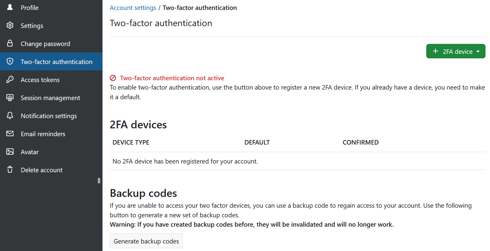 Two-factor authentication in OpenProject account settings