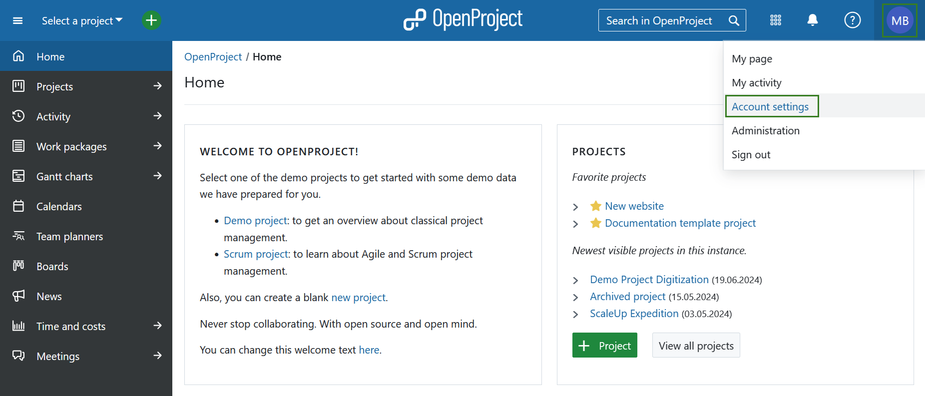 Ajustes de la cuenta en OpenProject