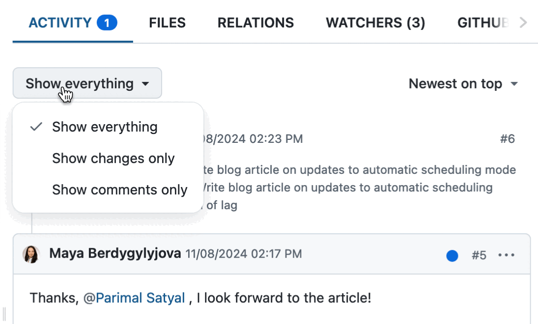 Filtrer l’onglet activité