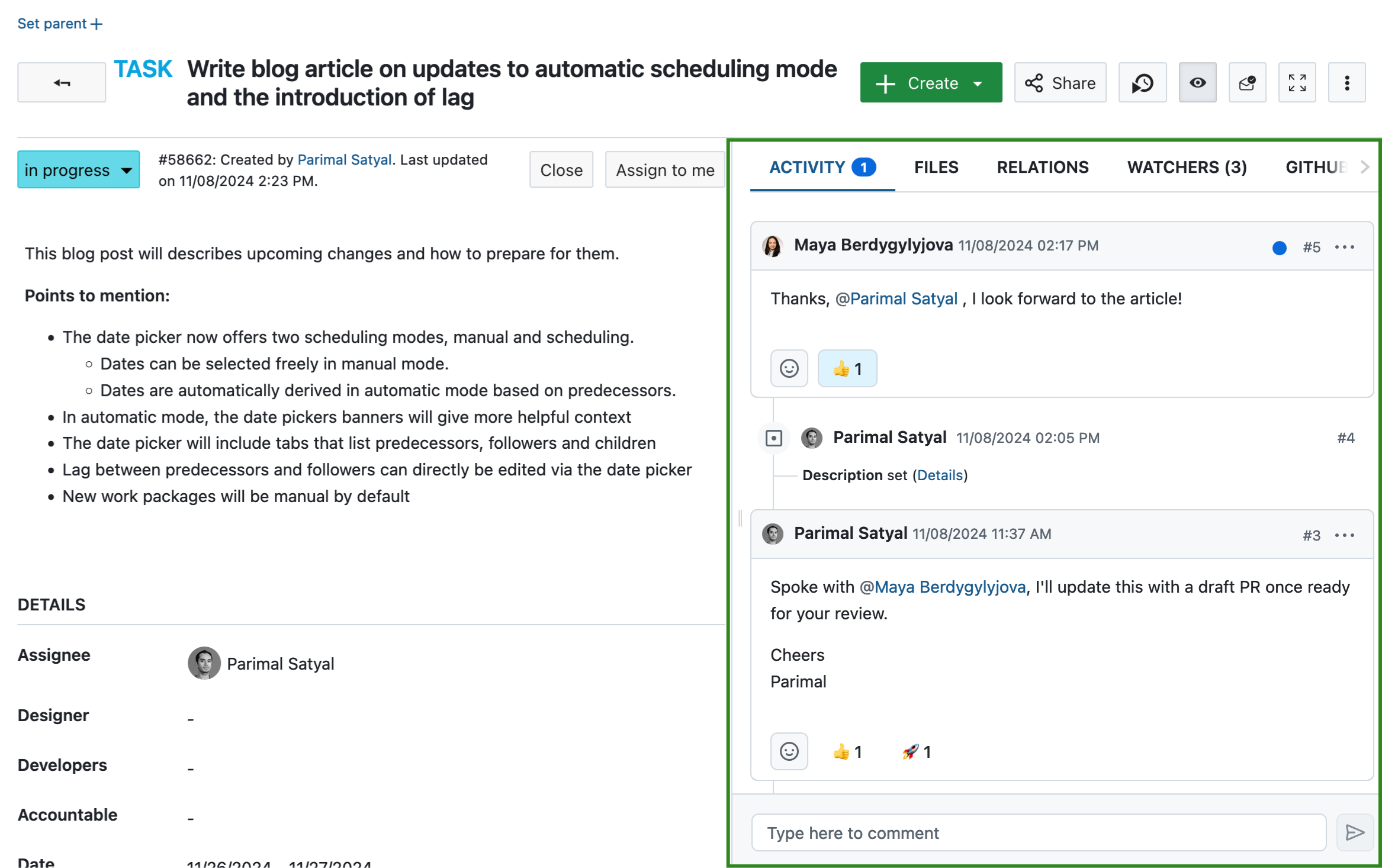 The work package Activity tab split screen