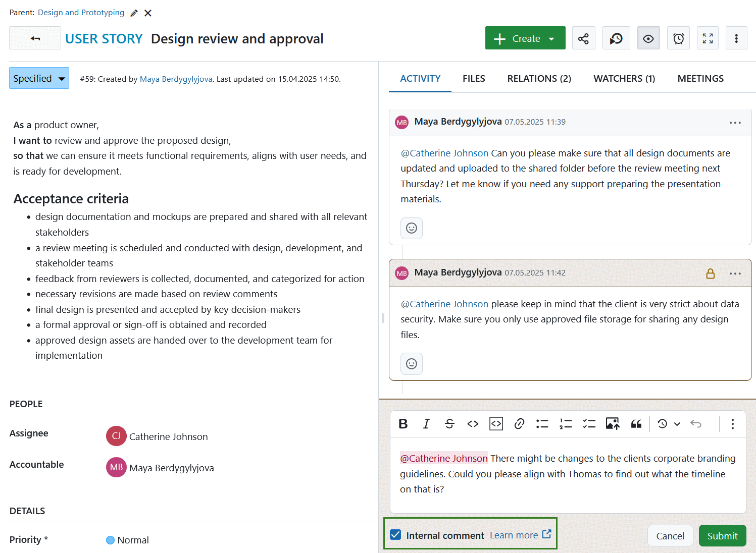 Case de commentaire interne sélectionnée lors de l’ajout d’un commentaire interne sur un lot de travaux OpenProject