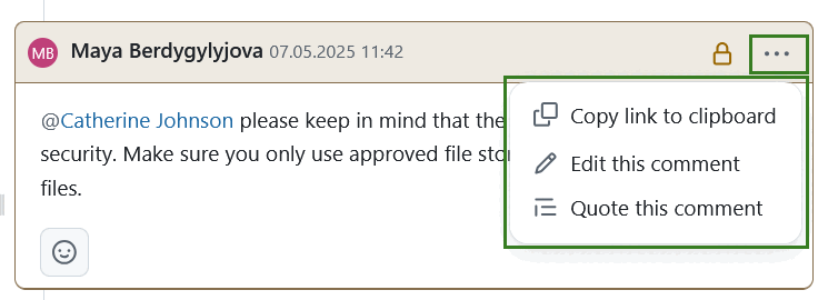 Options d’édition d’un commentaire interne affichées dans une liste déroulante