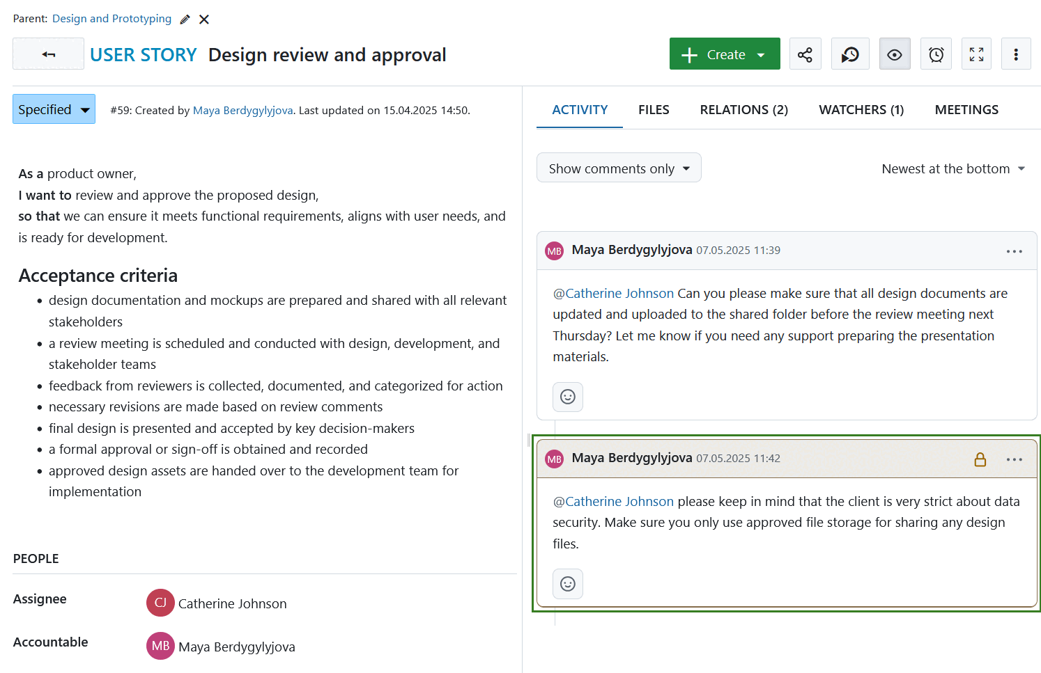 Exemple de commentaire interne affiché sous l’onglet Activité d’un lot de travaux OpenProjet