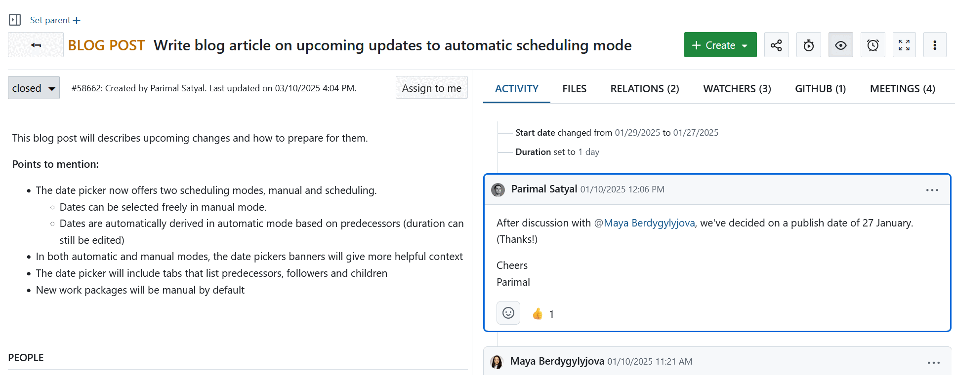 Un lot de travaux OpenProject ouvert via un lien direct, ouvert pour la première fois, mis en évidence par un cadre bleu