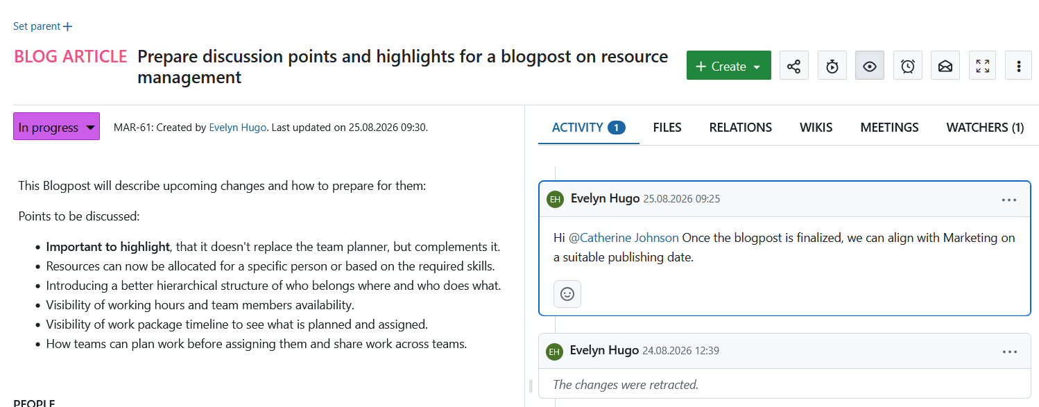 An OpenProject work package opened via a direct link, opened for the first time, highlighted with a blue border