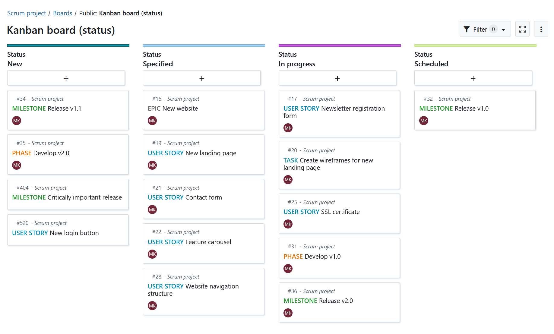 Example of a Kanban board in OpenProject boards module