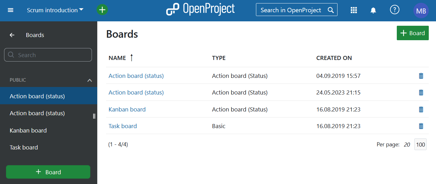 Módulo de tableros en OpenProject