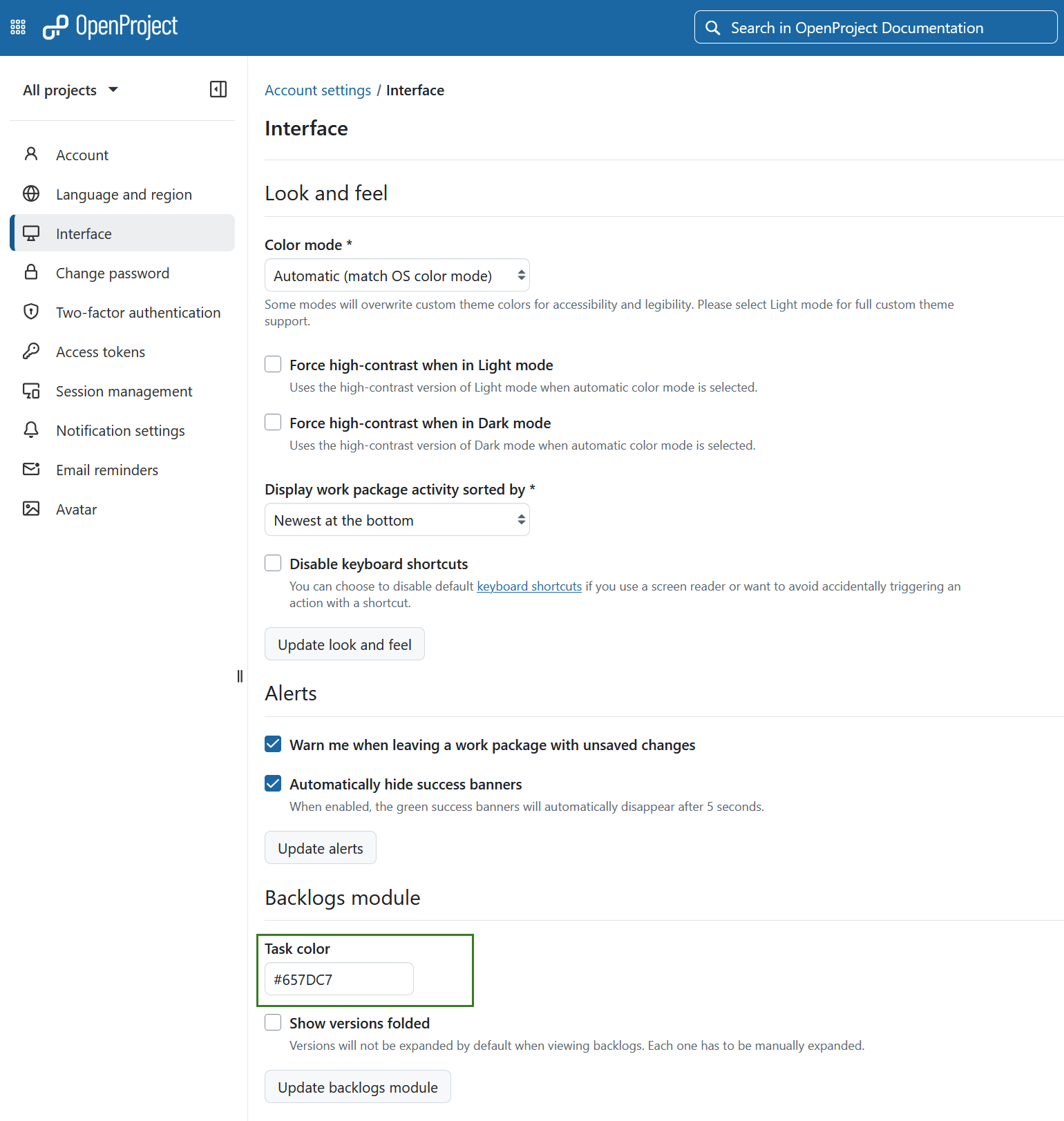Set task color under Account settings in OpenProject