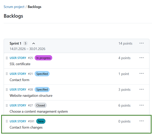 newly created user story added to a sprint in Backlogs module in OpenProject