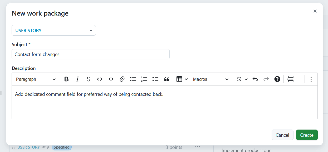 A form to create a new work package in Backlogs module