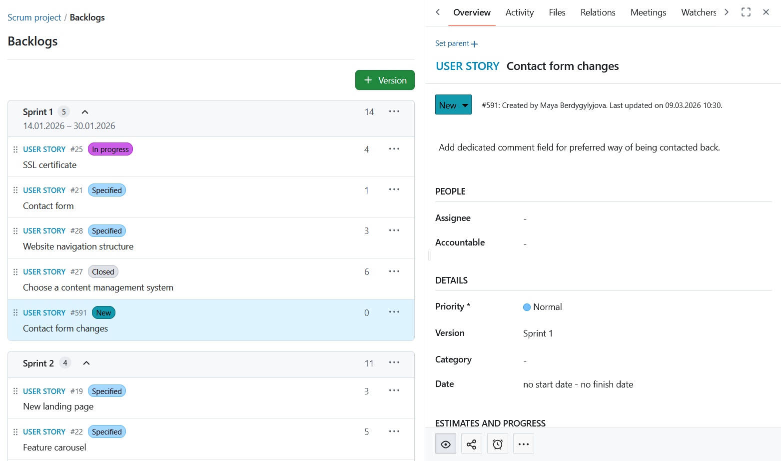 User story opened in a detailed view on the right side of sprints in Backlogs module in OpenProject