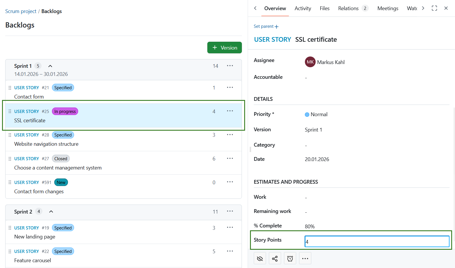 Edit story points for user stories in an OpenProject backlog