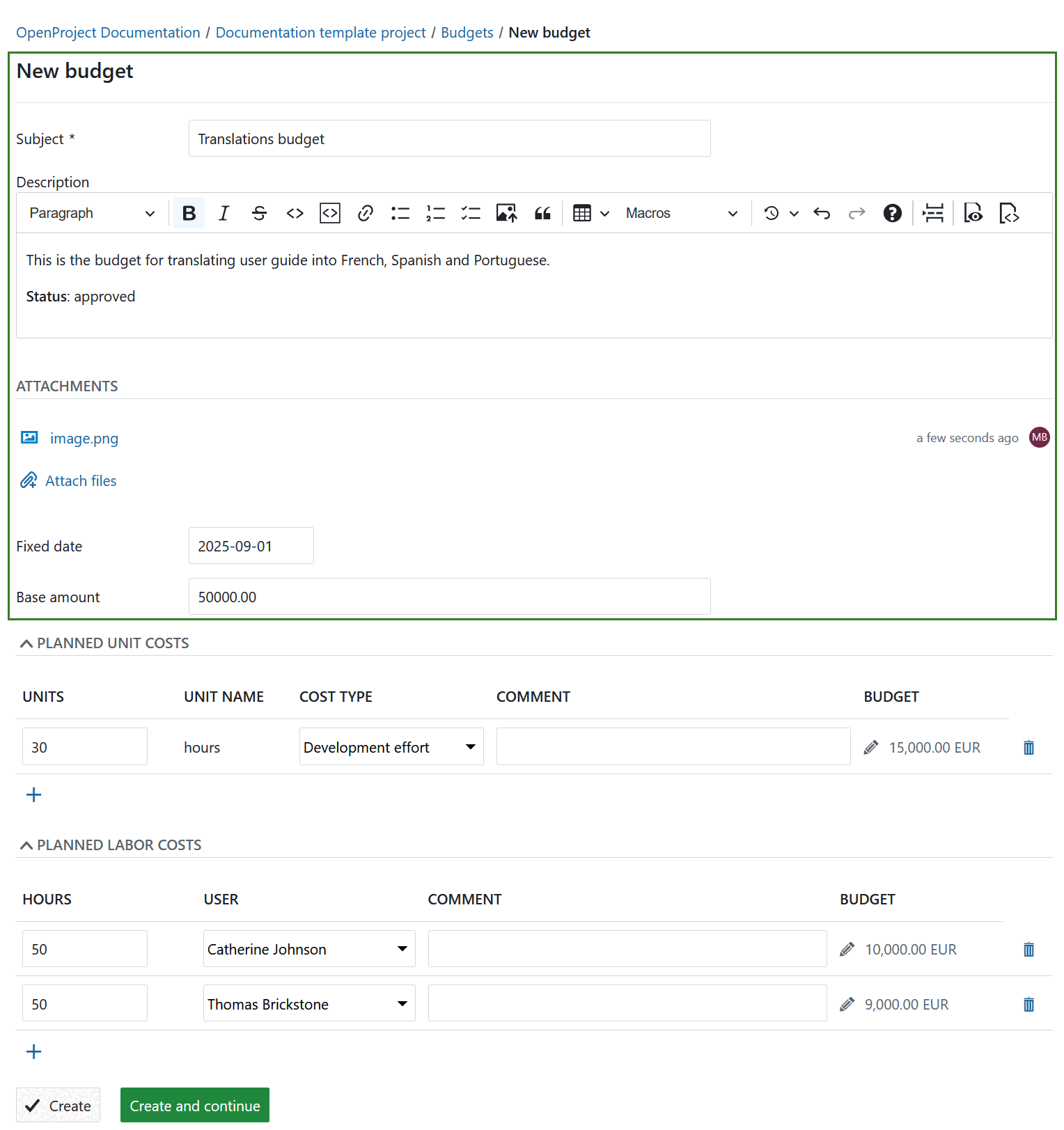 Add new budget details in OpenProject