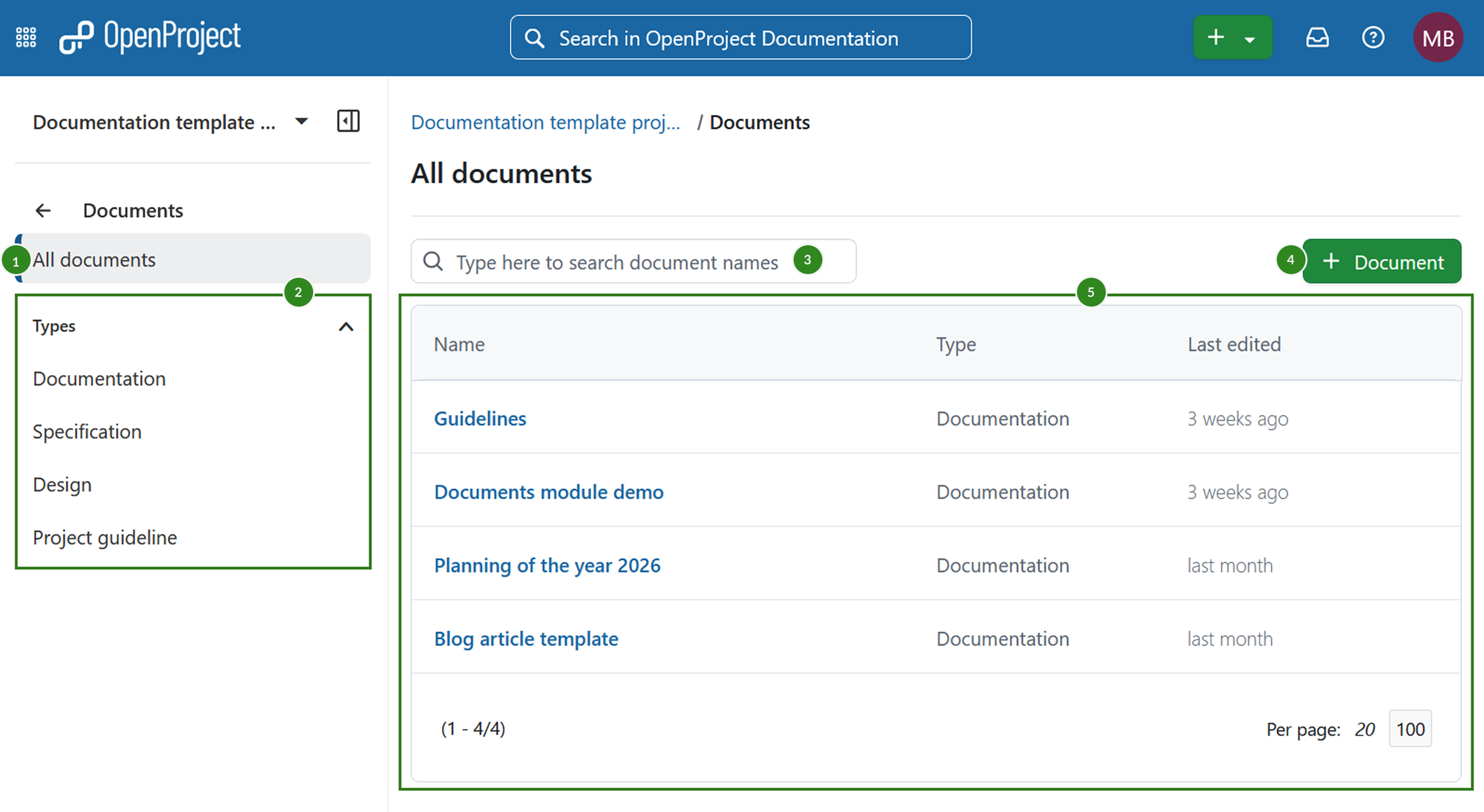 Documents index lists of all available documents in an OpenProject project