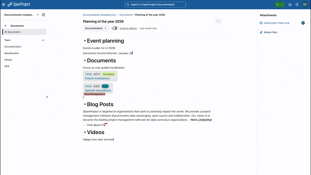 An example of real-time document editing in OpenProject Documents module