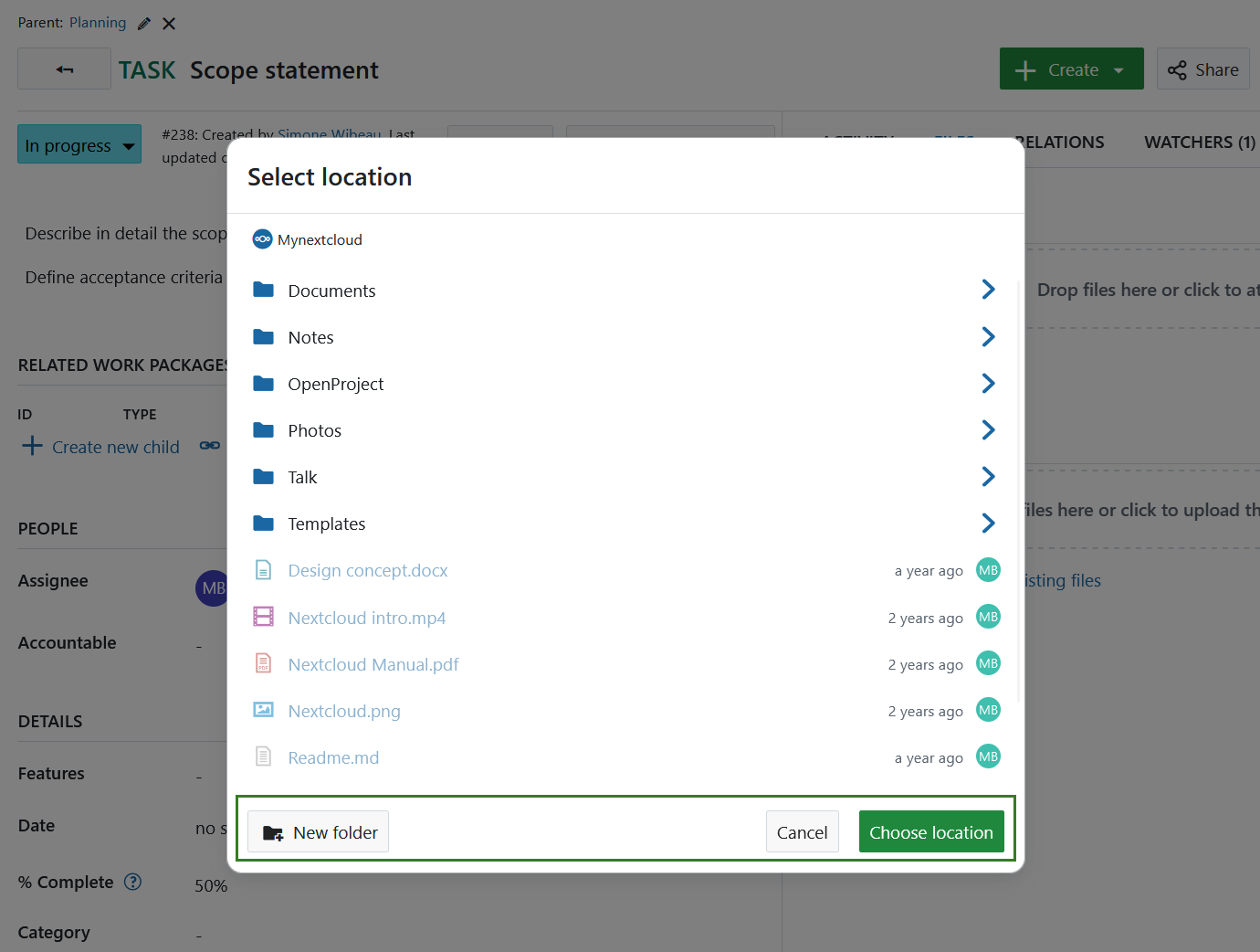 Select the destination folder on Nextcloud