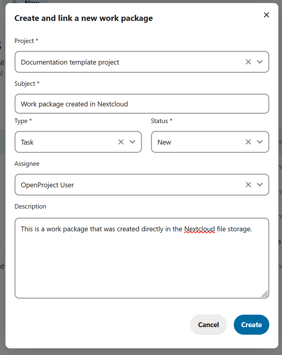 Especifica los detalles de un nuevo paquete de trabajo de OpenProject creado en Nextcloud