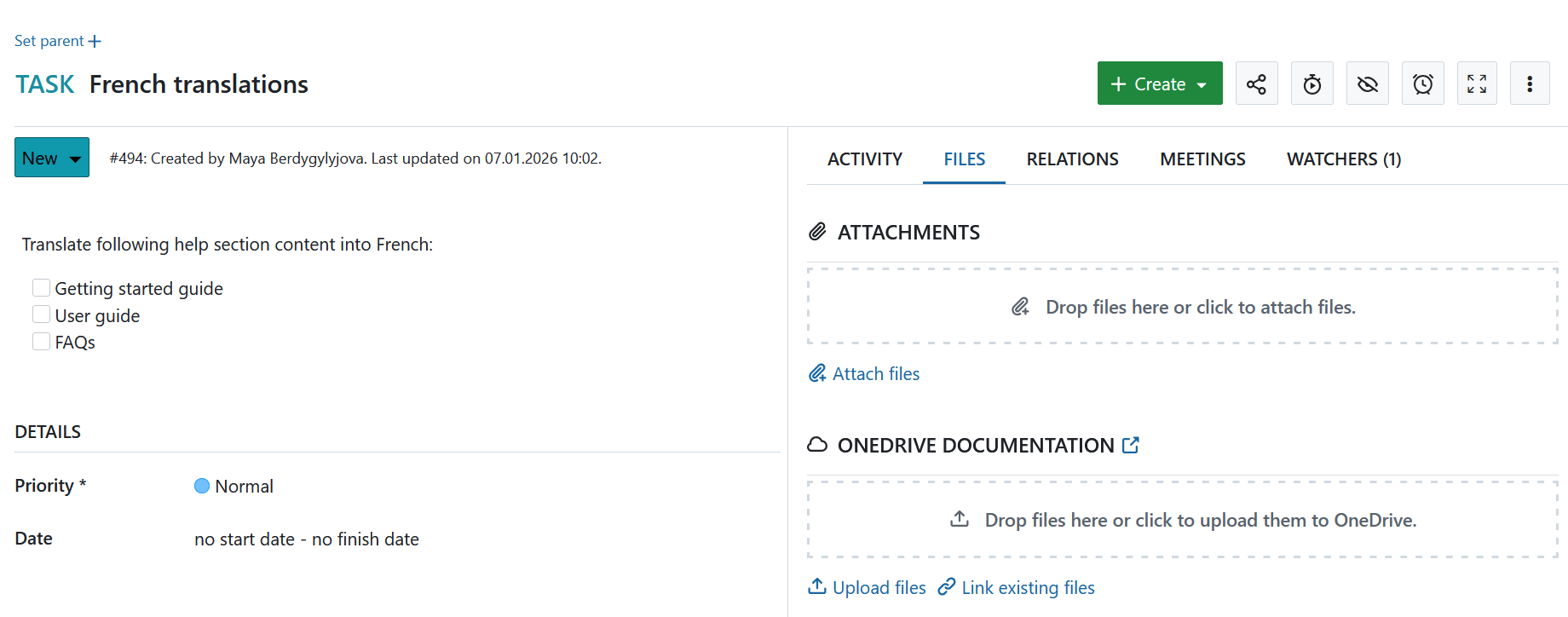 OneDrive storage is available in an OpenProject work package