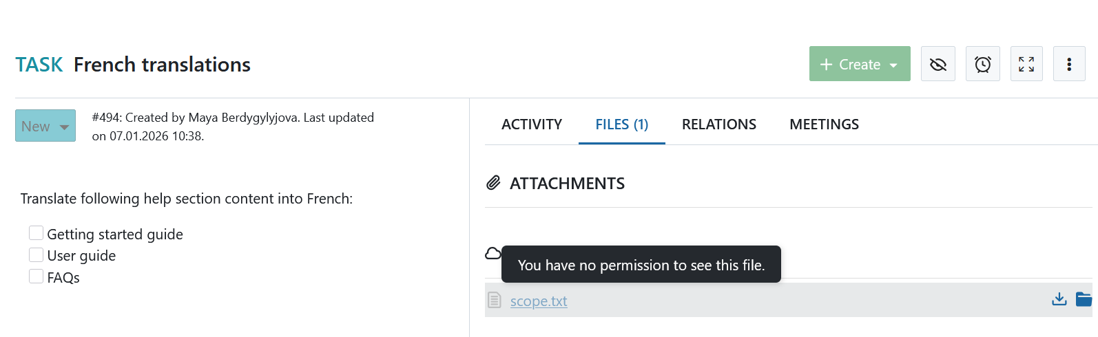Error message based on missing permissions to see a file in OpenProject