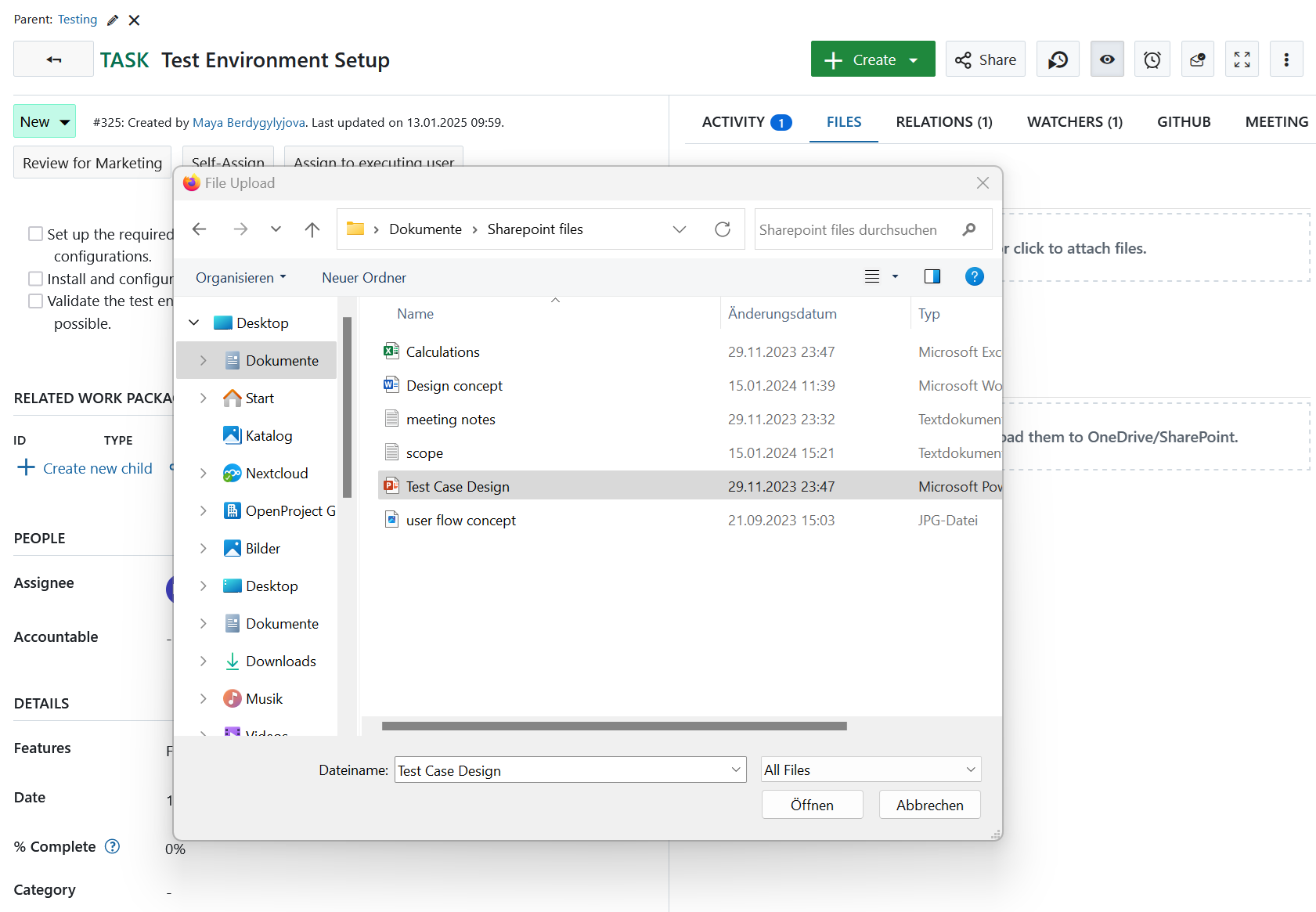 Choosing a file to upload to SharePoint in an OpenProject work package