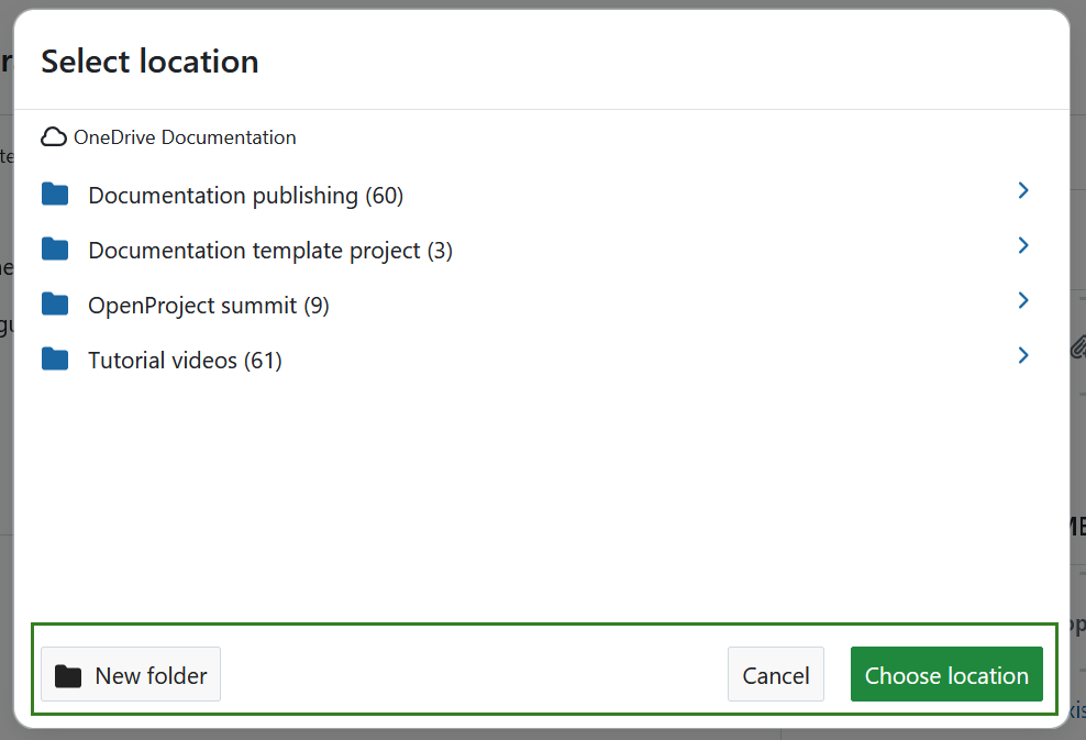 Selection a OneDrive location to upload a file from OpenProject