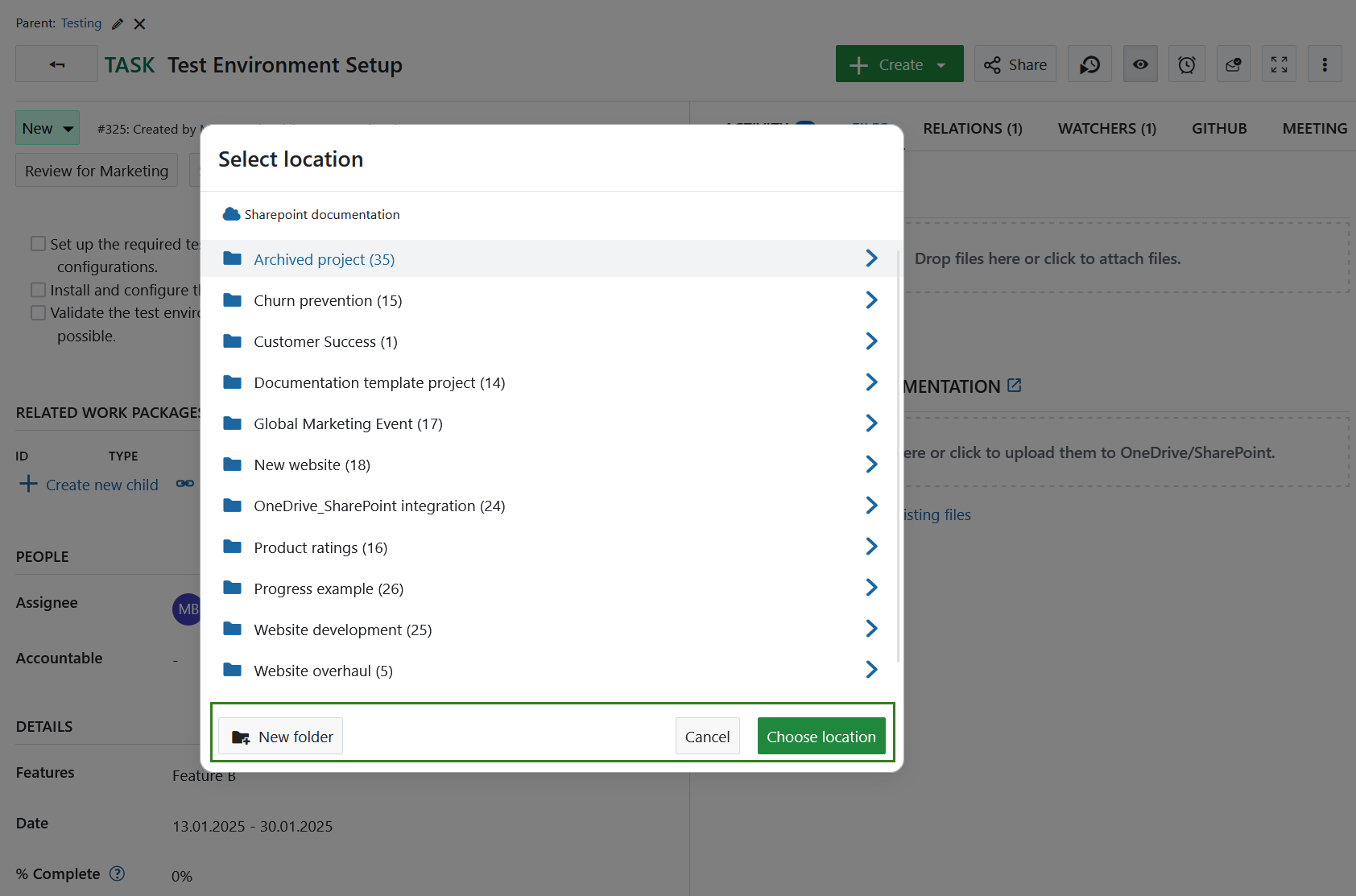 Auswahl eines Sharepoint-Speicherorts zum Hochladen einer Datei aus OpenProject