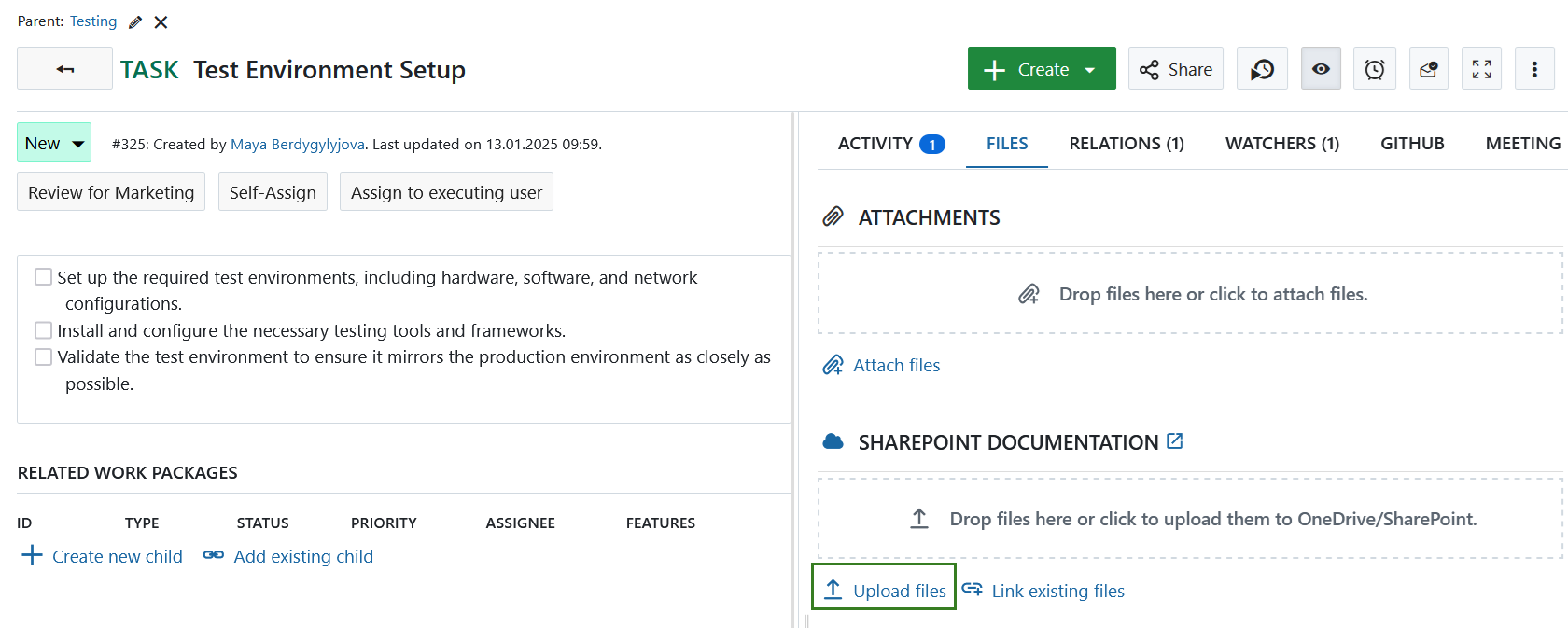 Subir enlace de archivo en un paquete de trabajo de OpenProject