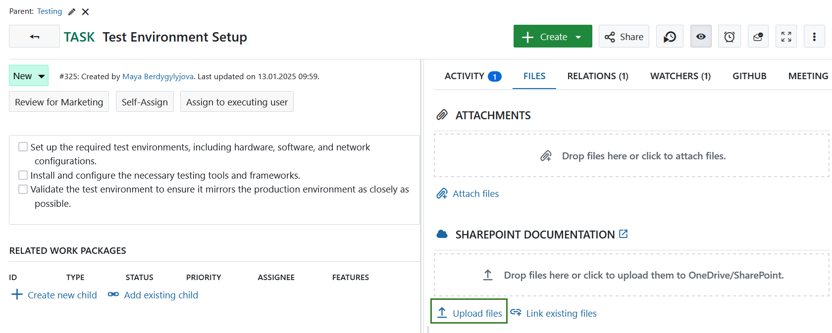 Upload file link in an OpenProject work package