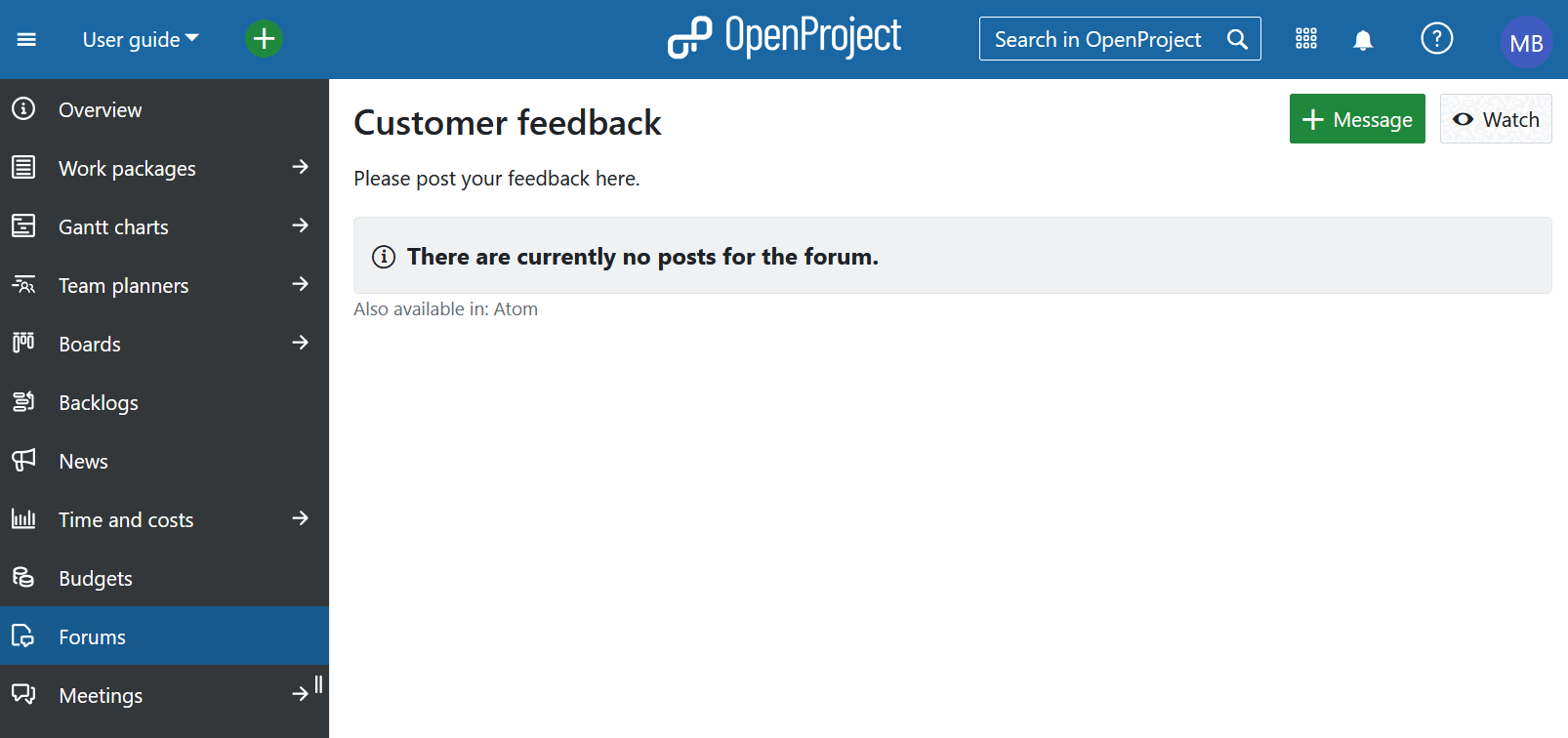 Add a forum message in OpenProject