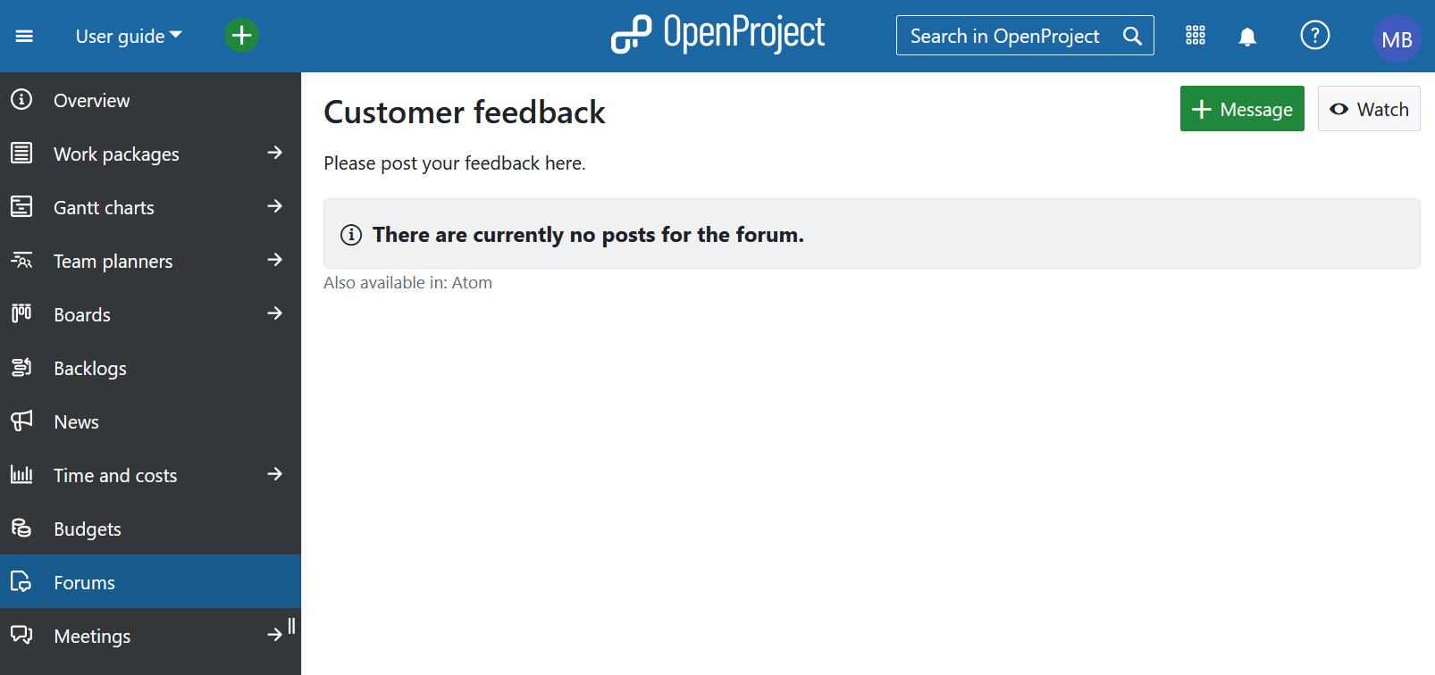 Añadir un mensaje de foro en OpenProject 